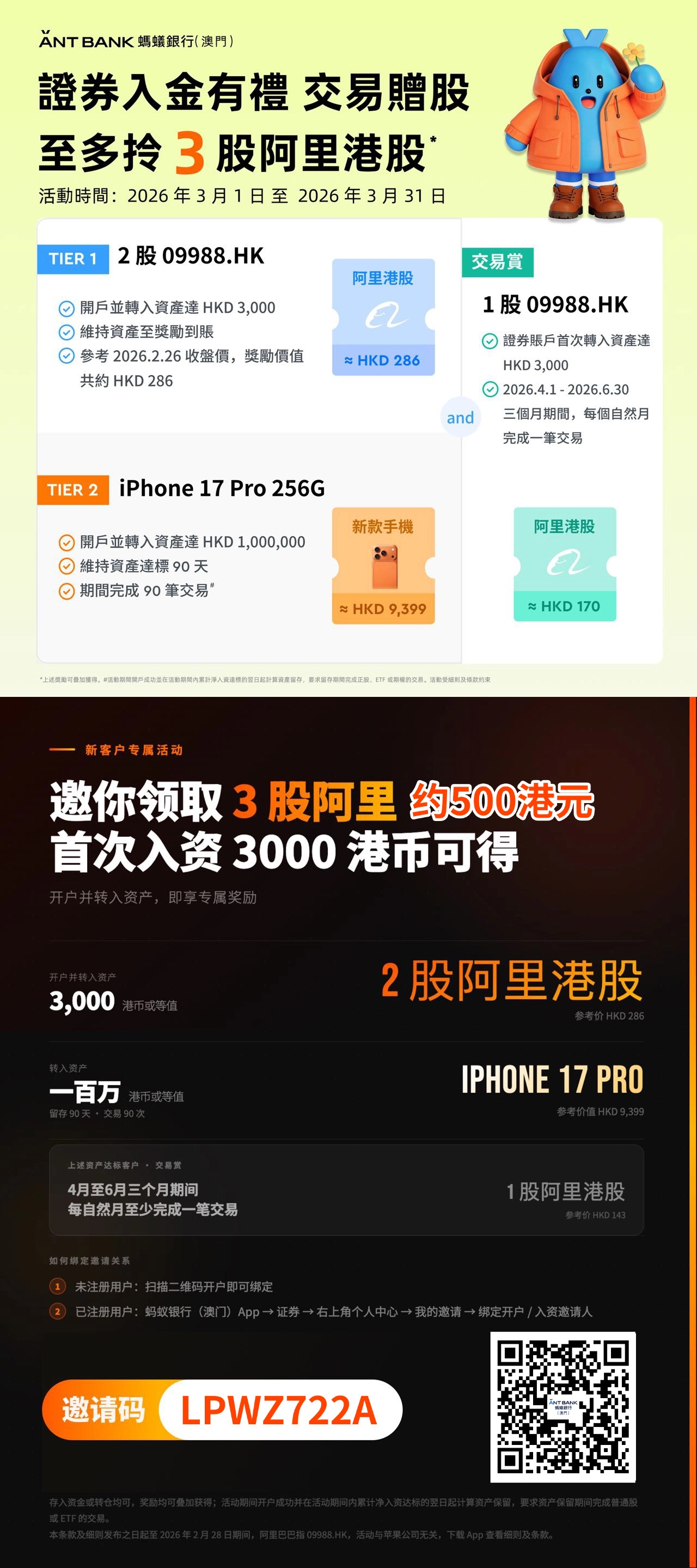 2026年3月31日前开户入金,澳门蚂蚁银行奖励3股阿里(约500港元)