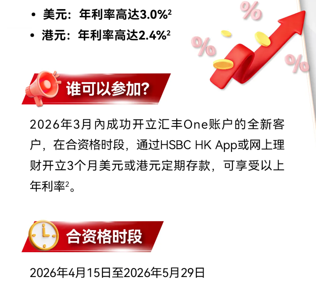 汇丰One新用户定期存款优惠利率