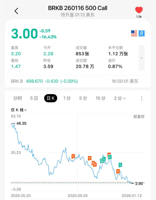 伯克希尔BRKB 260116/500 Call价格走势