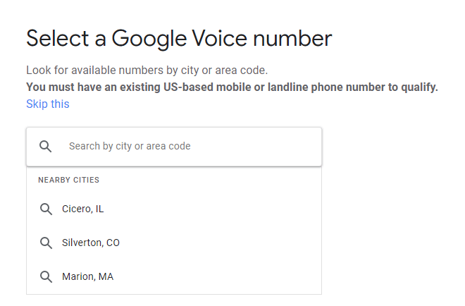 select a google voice number