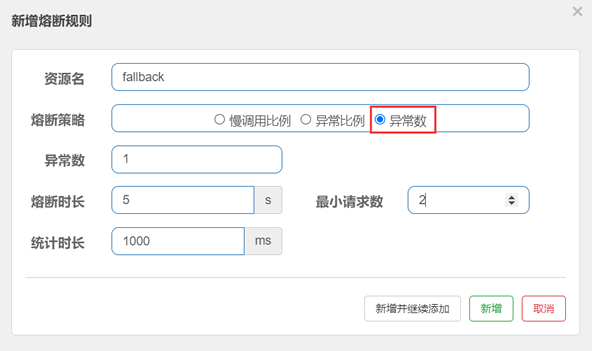 图18：Sentinel 控制台定义熔断规则