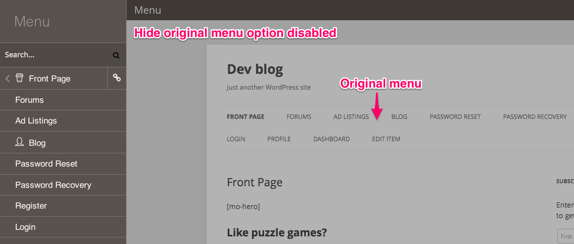 Hide origianl menu option disabled