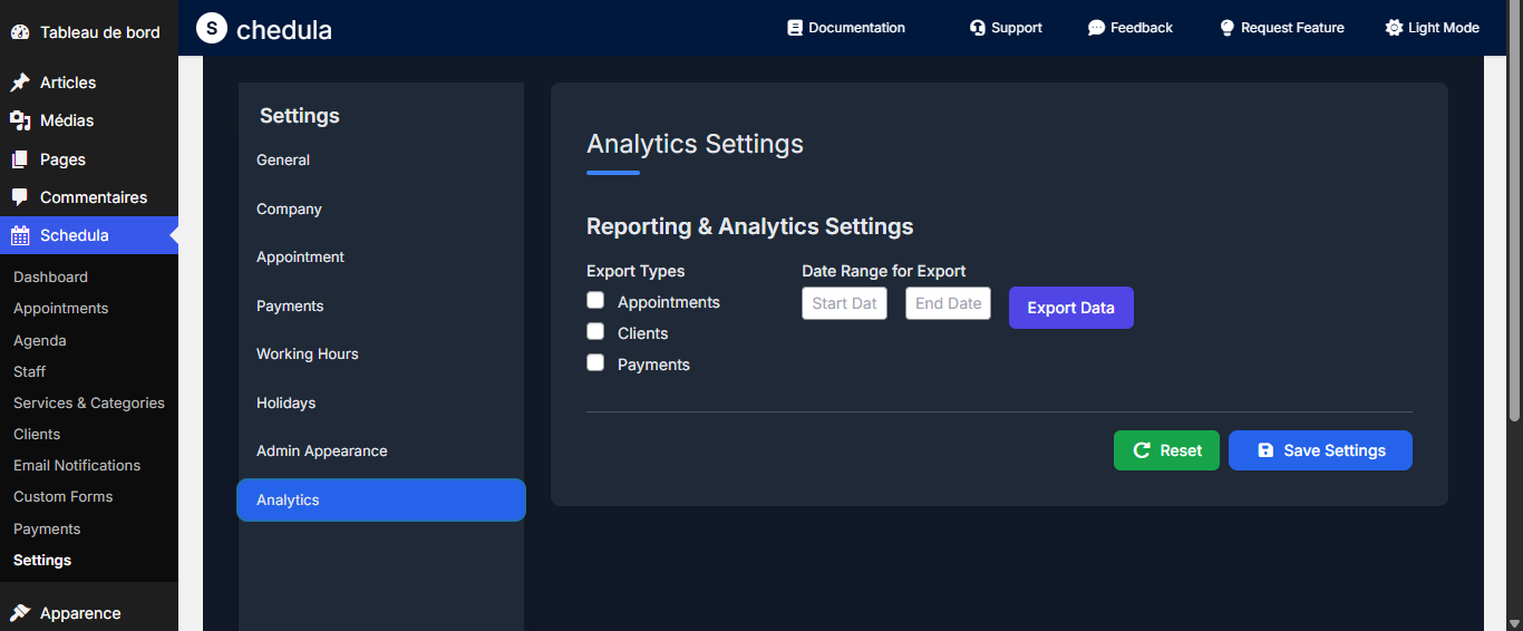 Analytics Settings - Screenshot showing analytics export options